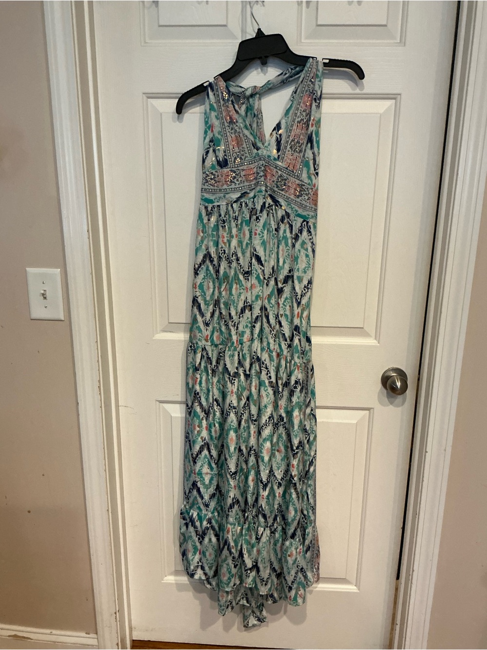 Sleeveless Maxi Dress in Teal, Navy & Coral Print